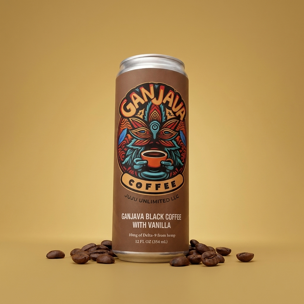 GANJAVA can on a gold background with coffee beans