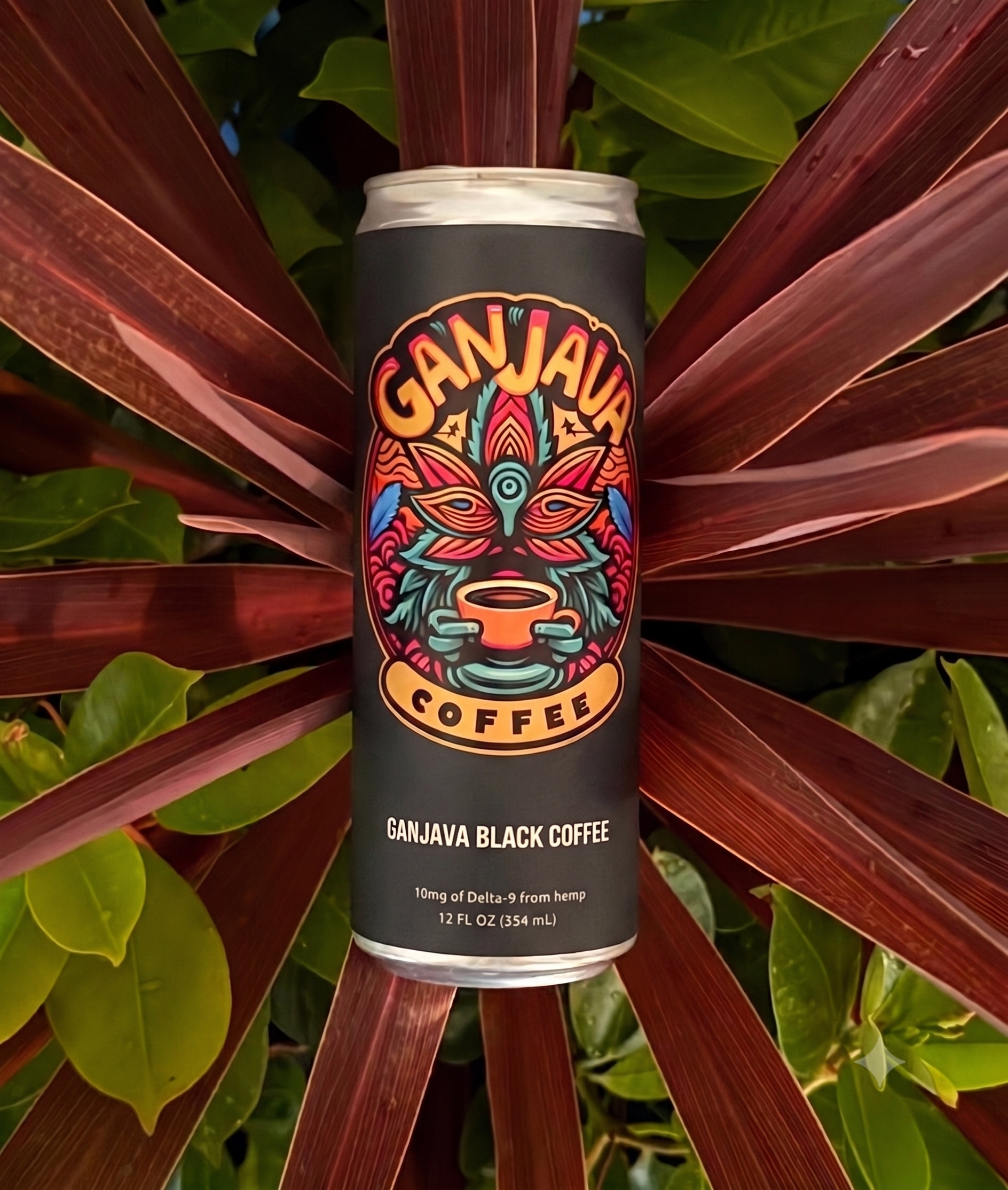 GANJAVA Black Coffee can framed by burgundy leaves