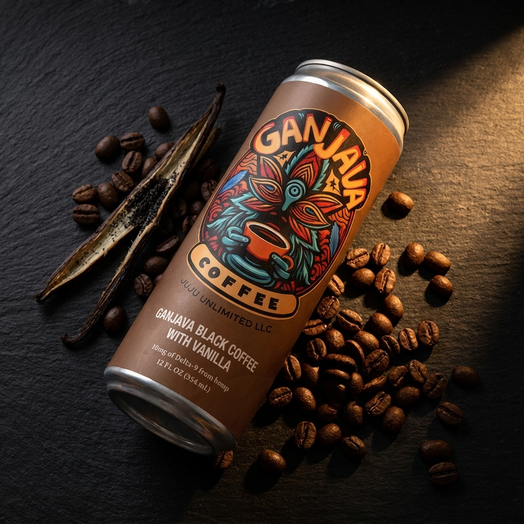GANJAVA can on dark slate with coffee beans and a vanilla pod