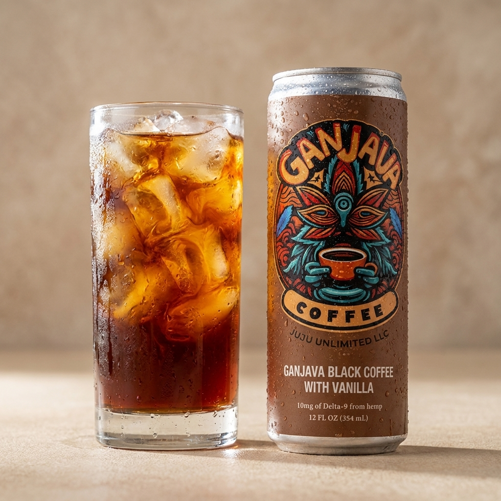 GANJAVA can beside a glass of iced coffee