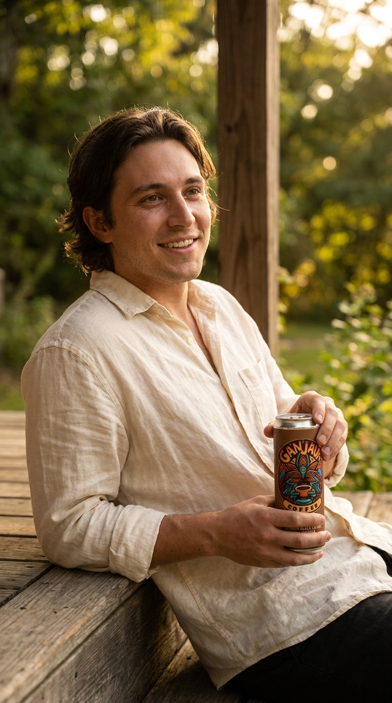Person on a porch holding a GANJAVA can at golden hour