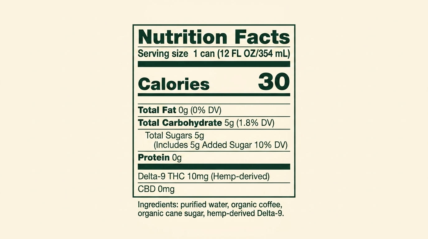 GANJAVA nutrition facts panel listing 30 calories, 5 grams total sugar, and 10mg hemp-derived Delta-9 THC