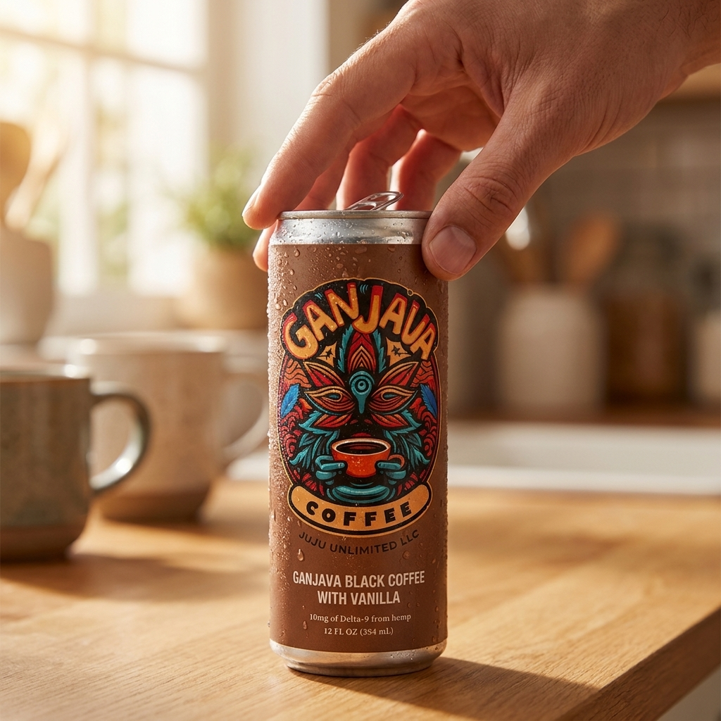 Hand opening a GANJAVA can on a kitchen counter