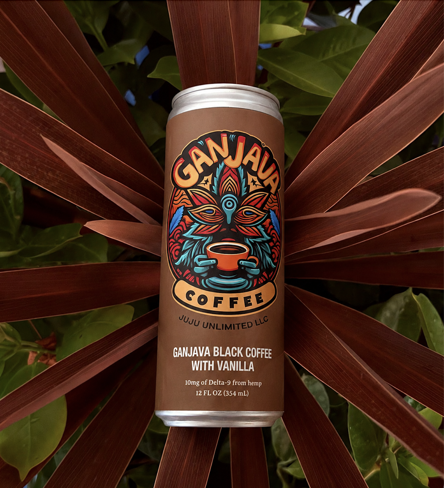 GANJAVA Black Coffee with Vanilla can framed by burgundy leaves