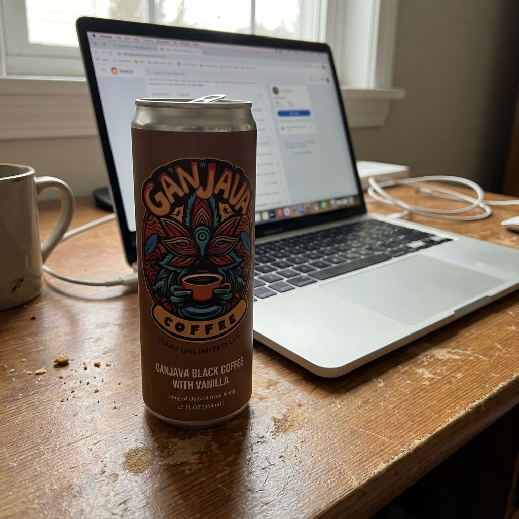 GANJAVA can on a desk beside a laptop
