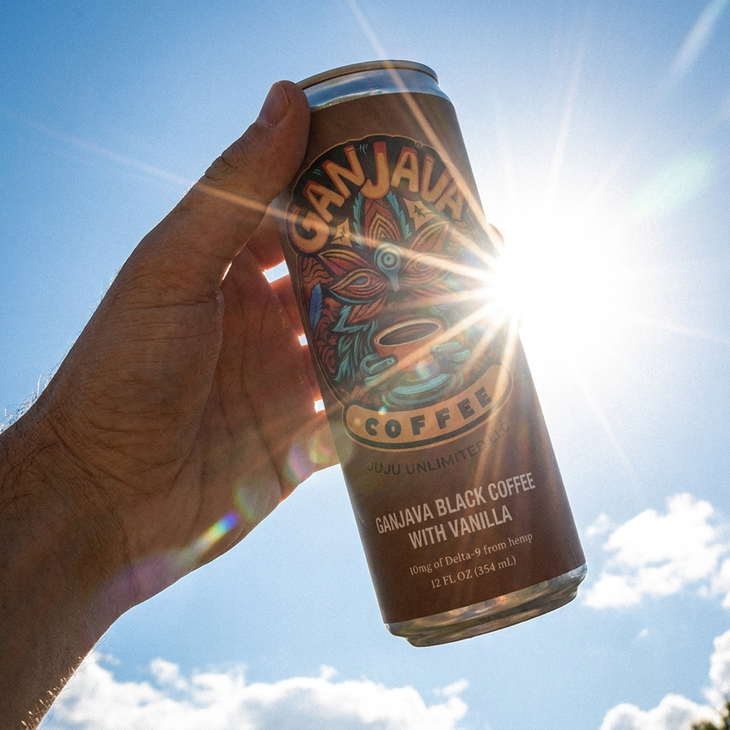 Hand holding a GANJAVA can up to the sky