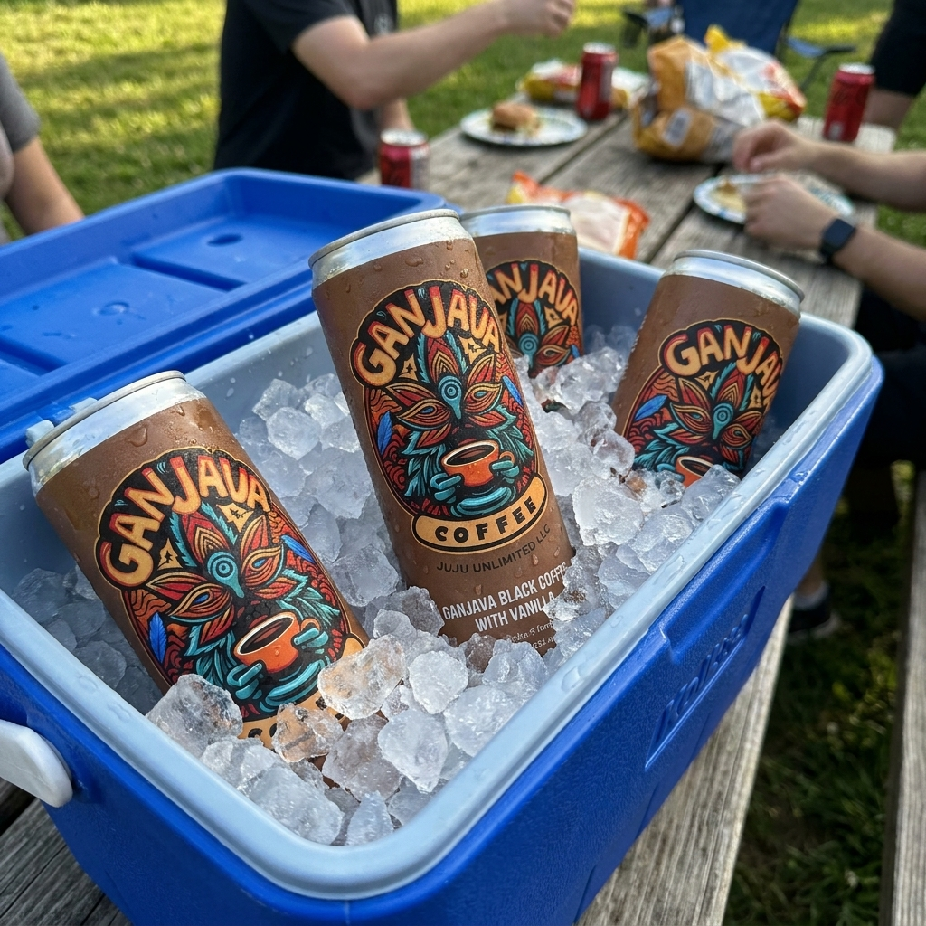 GANJAVA cans in a cooler of ice