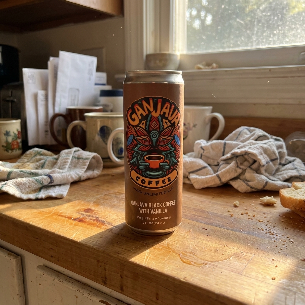 GANJAVA can on a kitchen counter